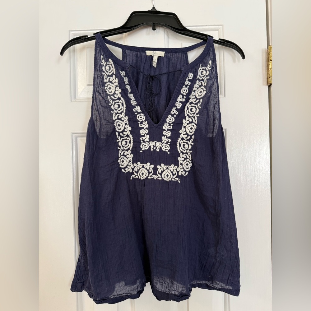 Joie Navy Embroidered Boho Tank Top Size S Cotton